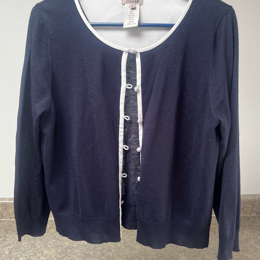 Jigsaw Navy Cardigan with White Trim